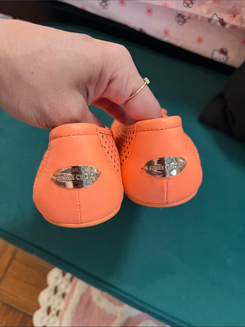 Jimmy Choo Neon Orange Perforated Leather Ballet Flats 37 1/2 - Picture 5 of 11
